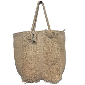 NWT Magid Boho Woven Canvas Tote Bag with Fringe Beige Cream Rope Handles Beach